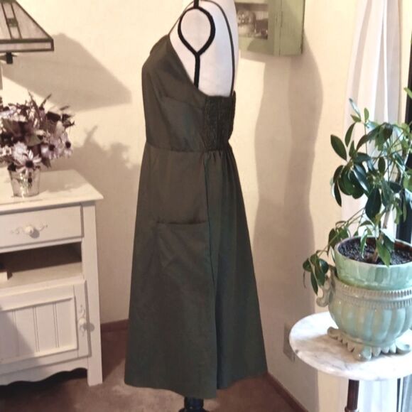 Olive Green Midi Slip Dress with Elastic Ruched Back. Coastal Cowgirl, Akubi - Picture 7 of 14